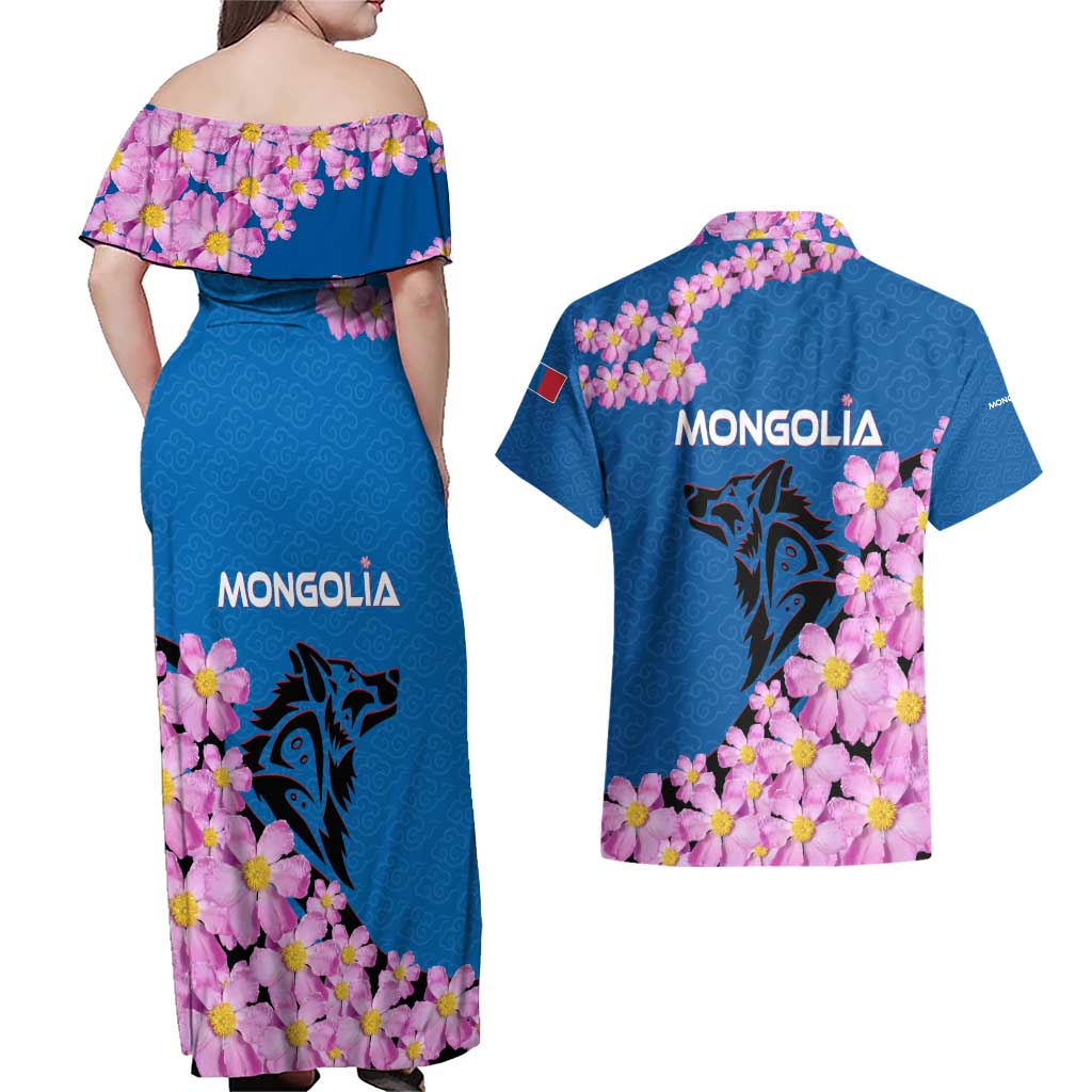 Mongolia Couples Matching Off Shoulder Maxi Dress and Hawaiian Shirt with Floral Wolf Pink Blossom Blue Sky Spirit