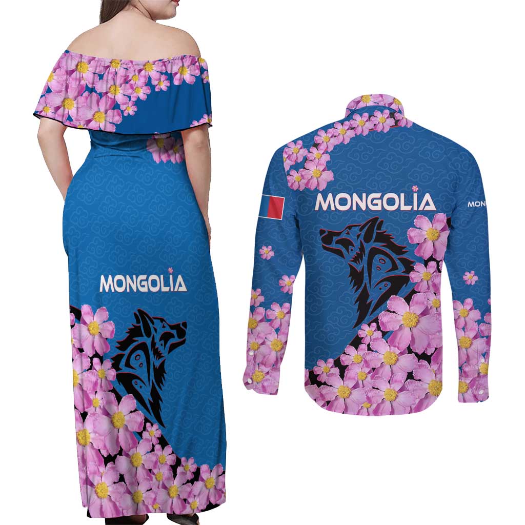 Mongolia Couples Matching Off Shoulder Maxi Dress and Long Sleeve Button Shirt with Floral Wolf Pink Blossom Blue Sky Spirit