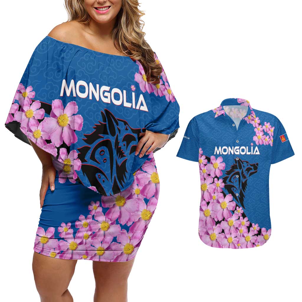 Mongolia Couples Matching Off Shoulder Short Dress and Hawaiian Shirt with Floral Wolf Pink Blossom Blue Sky Spirit