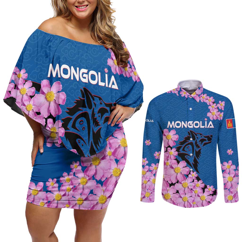 Mongolia Couples Matching Off Shoulder Short Dress and Long Sleeve Button Shirt with Floral Wolf Pink Blossom Blue Sky Spirit