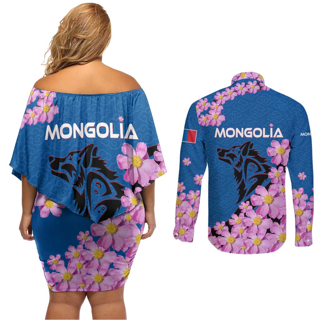 Mongolia Couples Matching Off Shoulder Short Dress and Long Sleeve Button Shirt with Floral Wolf Pink Blossom Blue Sky Spirit
