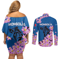 Mongolia Couples Matching Off Shoulder Short Dress and Long Sleeve Button Shirt with Floral Wolf Pink Blossom Blue Sky Spirit