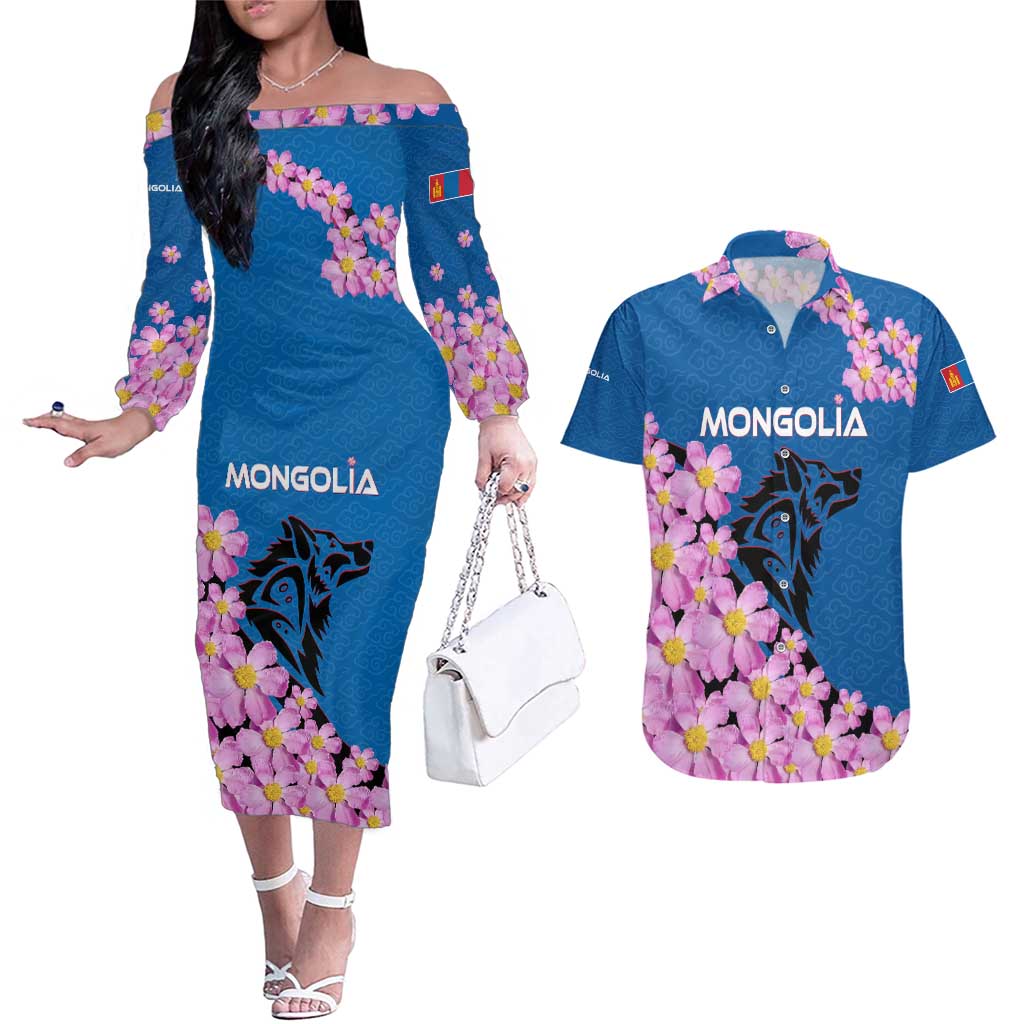 Mongolia Couples Matching Off The Shoulder Long Sleeve Dress and Hawaiian Shirt with Floral Wolf Pink Blossom Blue Sky Spirit