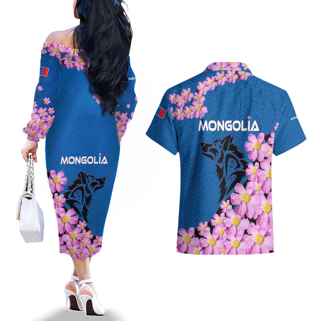 Mongolia Couples Matching Off The Shoulder Long Sleeve Dress and Hawaiian Shirt with Floral Wolf Pink Blossom Blue Sky Spirit