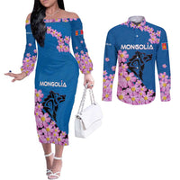 Mongolia Couples Matching Off The Shoulder Long Sleeve Dress and Long Sleeve Button Shirt with Floral Wolf Pink Blossom Blue Sky Spirit