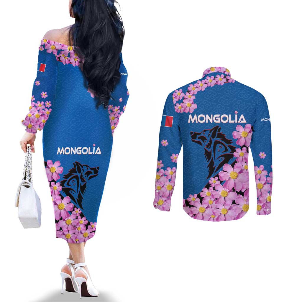 Mongolia Couples Matching Off The Shoulder Long Sleeve Dress and Long Sleeve Button Shirt with Floral Wolf Pink Blossom Blue Sky Spirit