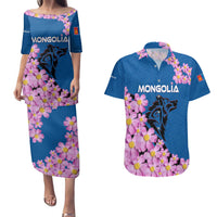 Mongolia Couples Matching Puletasi and Hawaiian Shirt with Floral Wolf Pink Blossom Blue Sky Spirit