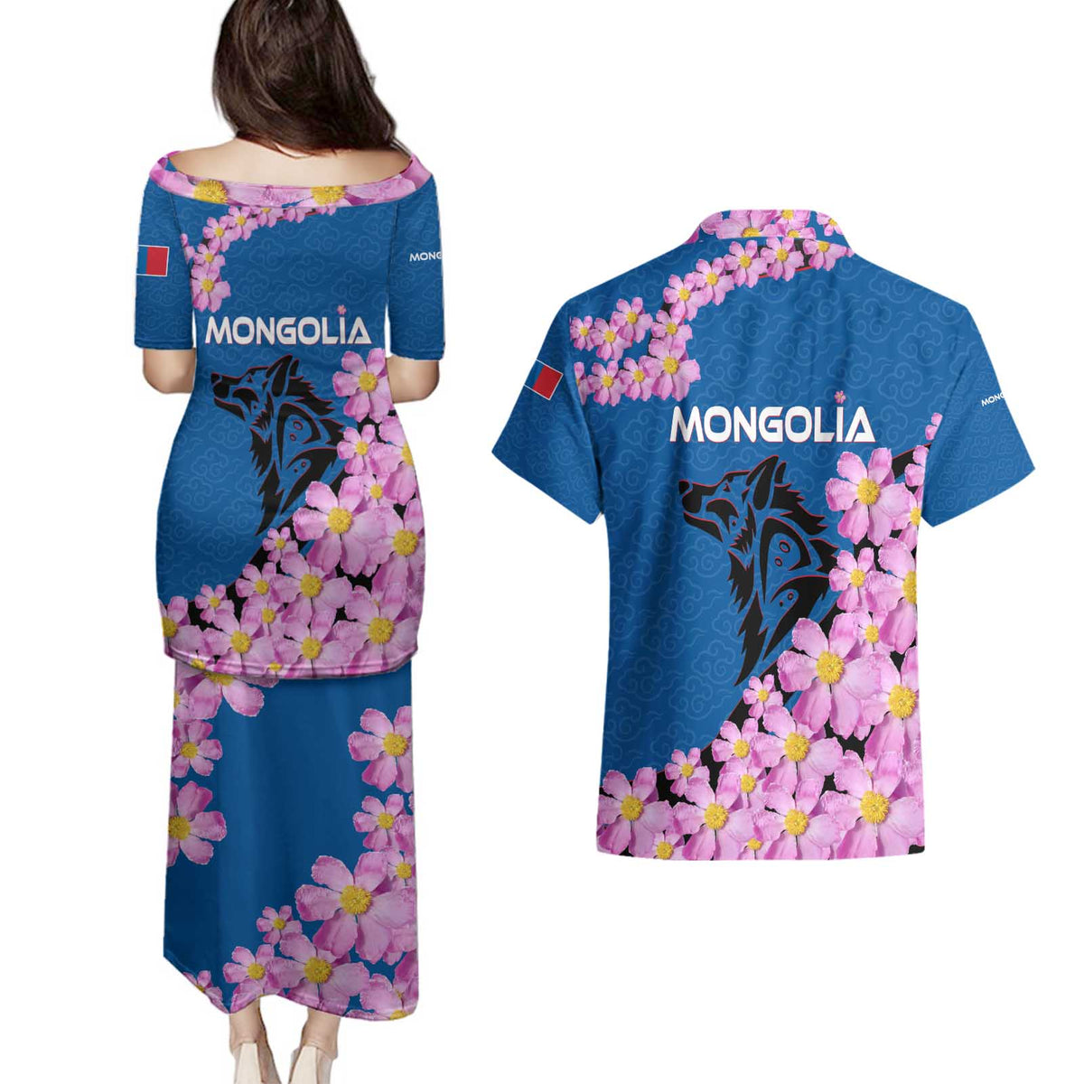 Mongolia Couples Matching Puletasi and Hawaiian Shirt with Floral Wolf Pink Blossom Blue Sky Spirit