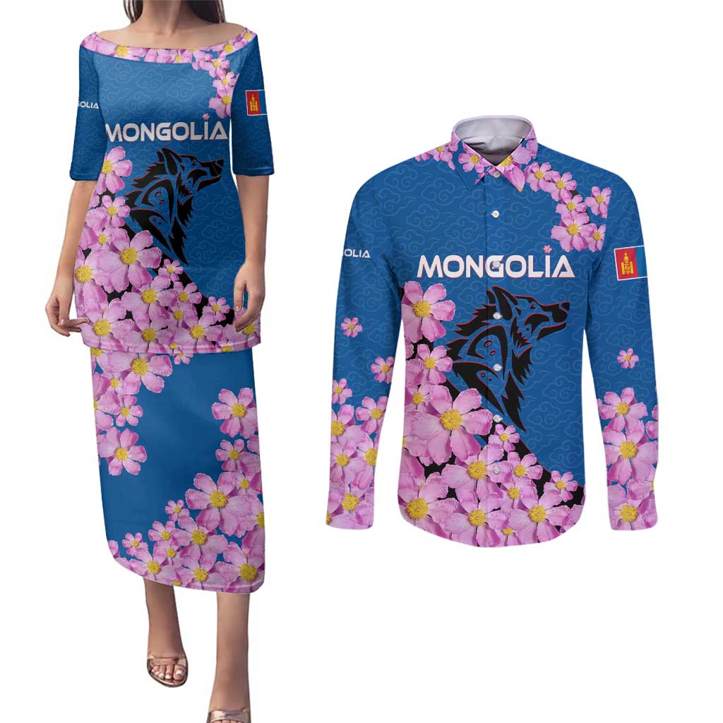 Mongolia Couples Matching Puletasi and Long Sleeve Button Shirt with Floral Wolf Pink Blossom Blue Sky Spirit