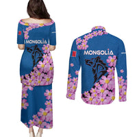 Mongolia Couples Matching Puletasi and Long Sleeve Button Shirt with Floral Wolf Pink Blossom Blue Sky Spirit