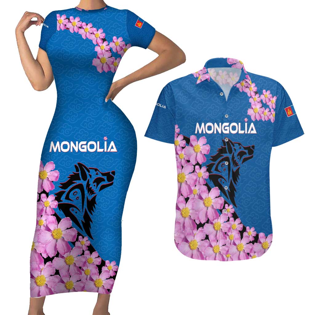 Mongolia Couples Matching Short Sleeve Bodycon Dress and Hawaiian Shirt with Floral Wolf Pink Blossom Blue Sky Spirit