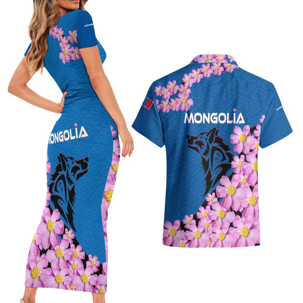 Mongolia Couples Matching Short Sleeve Bodycon Dress and Hawaiian Shirt with Floral Wolf Pink Blossom Blue Sky Spirit