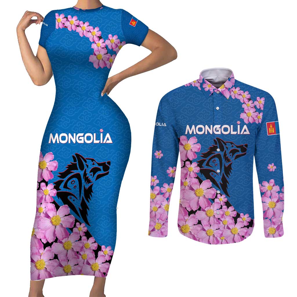 Mongolia Couples Matching Short Sleeve Bodycon Dress and Long Sleeve Button Shirt with Floral Wolf Pink Blossom Blue Sky Spirit