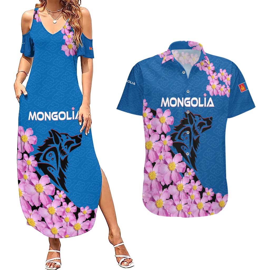Mongolia Couples Matching Summer Maxi Dress and Hawaiian Shirt with Floral Wolf Pink Blossom Blue Sky Spirit