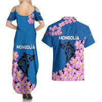 Mongolia Couples Matching Summer Maxi Dress and Hawaiian Shirt with Floral Wolf Pink Blossom Blue Sky Spirit