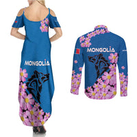 Mongolia Couples Matching Summer Maxi Dress and Long Sleeve Button Shirt with Floral Wolf Pink Blossom Blue Sky Spirit