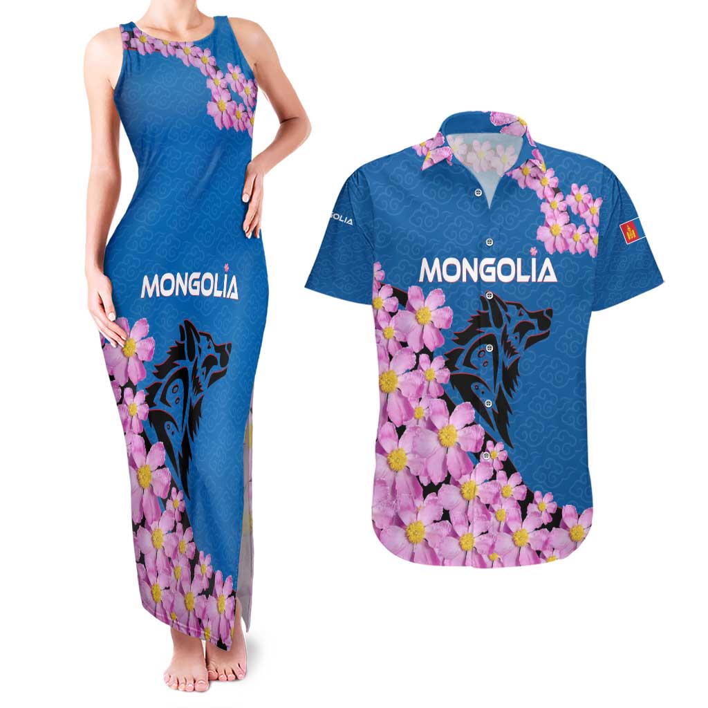 Mongolia Couples Matching Tank Maxi Dress and Hawaiian Shirt with Floral Wolf Pink Blossom Blue Sky Spirit
