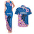 Mongolia Couples Matching Tank Maxi Dress and Hawaiian Shirt with Floral Wolf Pink Blossom Blue Sky Spirit