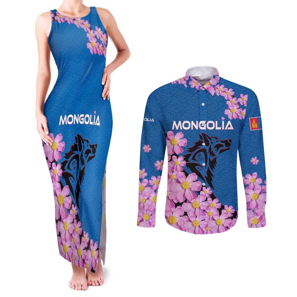 Mongolia Couples Matching Tank Maxi Dress and Long Sleeve Button Shirt with Floral Wolf Pink Blossom Blue Sky Spirit