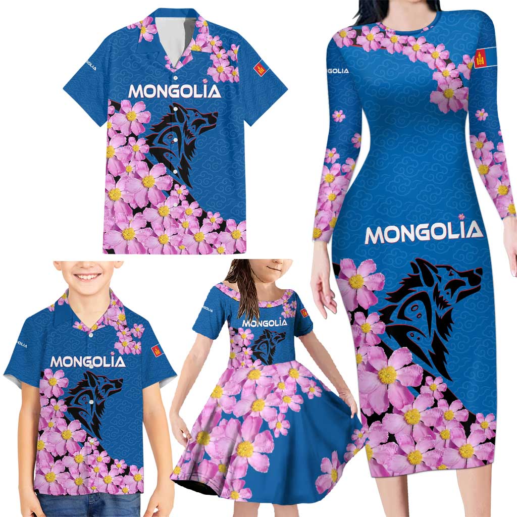 Mongolia Family Matching Long Sleeve Bodycon Dress and Hawaiian Shirt with Floral Wolf Pink Blossom Blue Sky Spirit