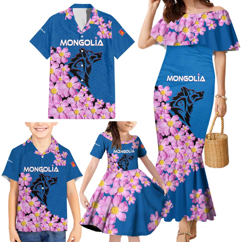Mongolia Family Matching Mermaid Dress and Hawaiian Shirt with Floral Wolf Pink Blossom Blue Sky Spirit