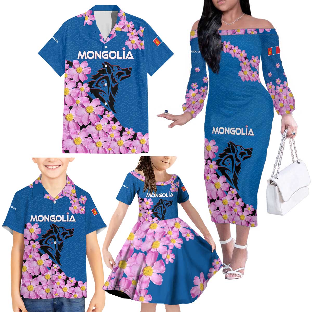 Mongolia Family Matching Off The Shoulder Long Sleeve Dress and Hawaiian Shirt with Floral Wolf Pink Blossom Blue Sky Spirit
