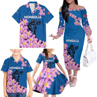 Mongolia Family Matching Off The Shoulder Long Sleeve Dress and Hawaiian Shirt with Floral Wolf Pink Blossom Blue Sky Spirit