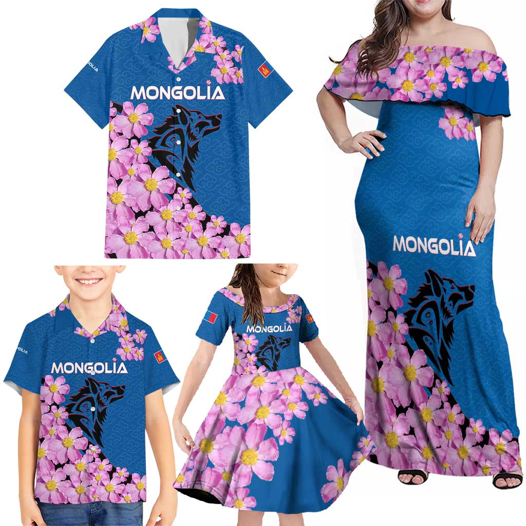 Mongolia Family Matching Off Shoulder Maxi Dress and Hawaiian Shirt with Floral Wolf Pink Blossom Blue Sky Spirit