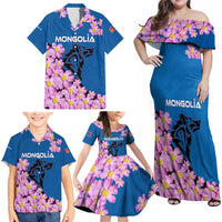 Mongolia Family Matching Off Shoulder Maxi Dress and Hawaiian Shirt with Floral Wolf Pink Blossom Blue Sky Spirit