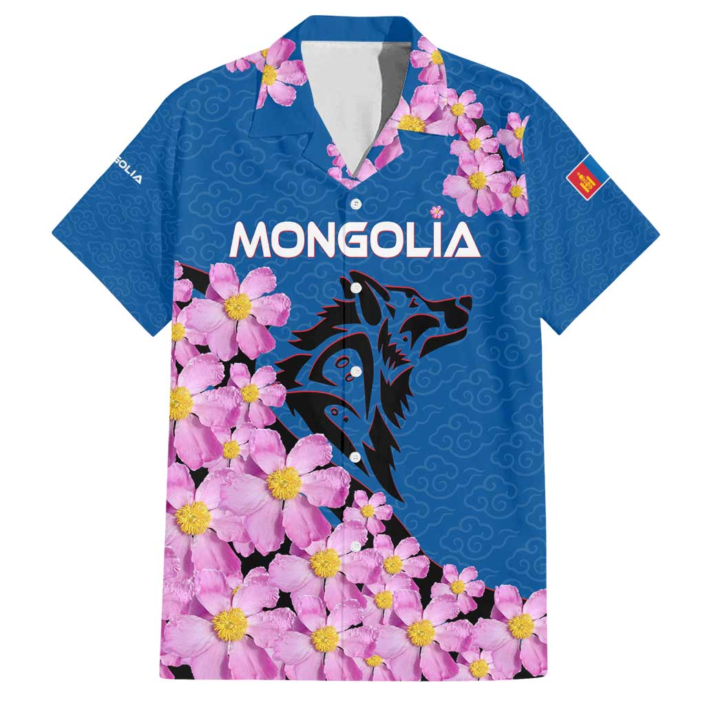 Mongolia Family Matching Off Shoulder Maxi Dress and Hawaiian Shirt with Floral Wolf Pink Blossom Blue Sky Spirit