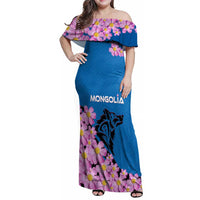 Mongolia Family Matching Off Shoulder Maxi Dress and Hawaiian Shirt with Floral Wolf Pink Blossom Blue Sky Spirit