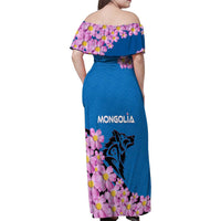 Mongolia Family Matching Off Shoulder Maxi Dress and Hawaiian Shirt with Floral Wolf Pink Blossom Blue Sky Spirit