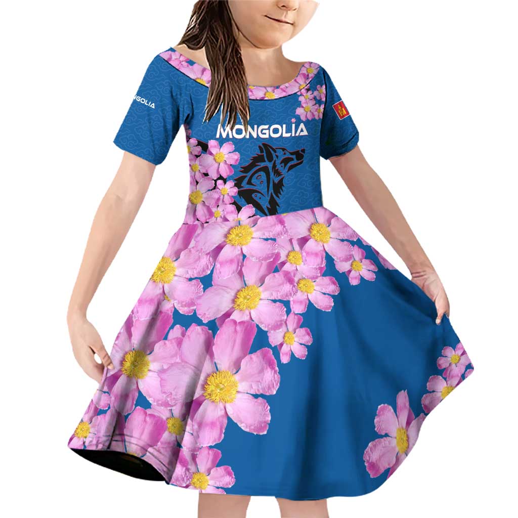 Mongolia Family Matching Off Shoulder Short Dress and Hawaiian Shirt with Floral Wolf Pink Blossom Blue Sky Spirit