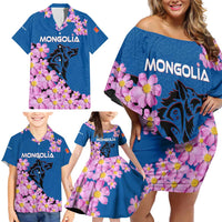 Mongolia Family Matching Off Shoulder Short Dress and Hawaiian Shirt with Floral Wolf Pink Blossom Blue Sky Spirit