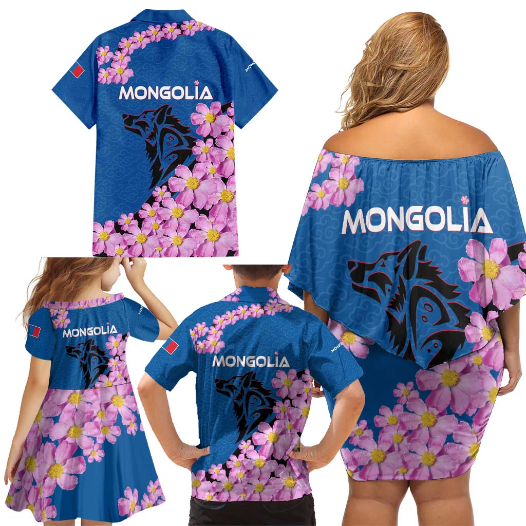 Mongolia Family Matching Off Shoulder Short Dress and Hawaiian Shirt with Floral Wolf Pink Blossom Blue Sky Spirit