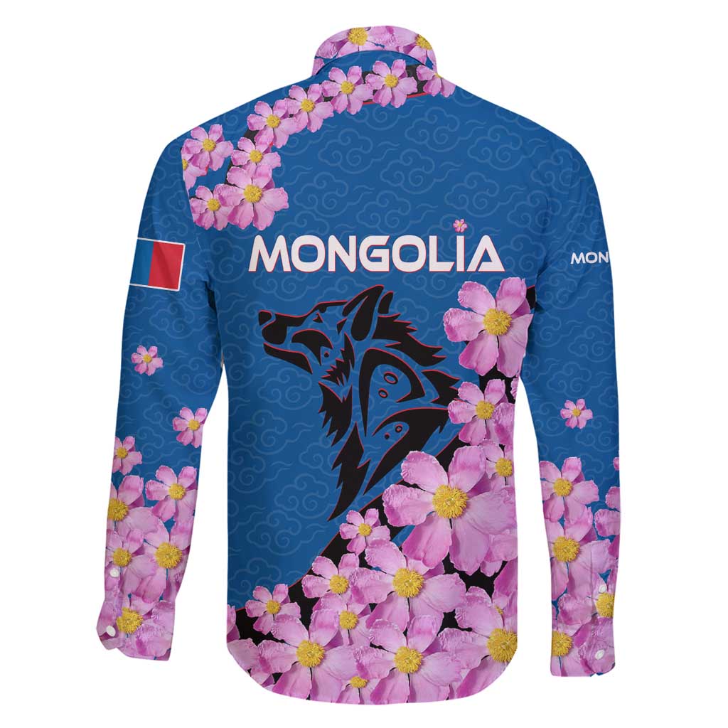 Mongolia Family Matching Off Shoulder Short Dress and Hawaiian Shirt with Floral Wolf Pink Blossom Blue Sky Spirit