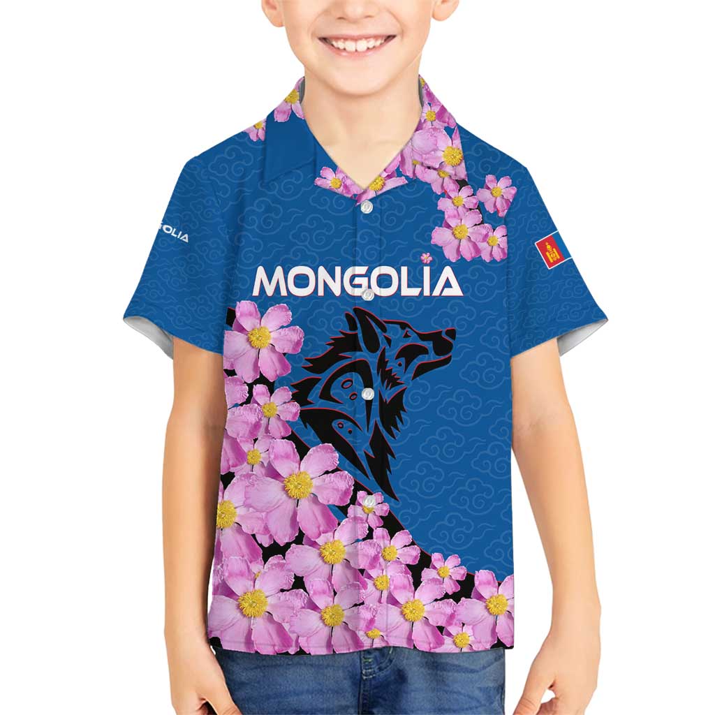 Mongolia Family Matching Off Shoulder Short Dress and Hawaiian Shirt with Floral Wolf Pink Blossom Blue Sky Spirit