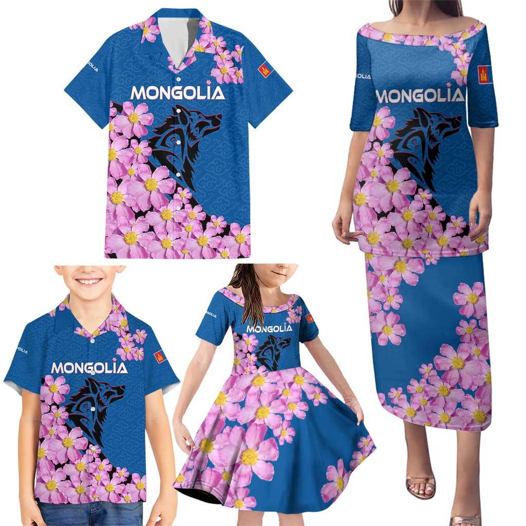 Mongolia Family Matching Puletasi and Hawaiian Shirt with Floral Wolf Pink Blossom Blue Sky Spirit