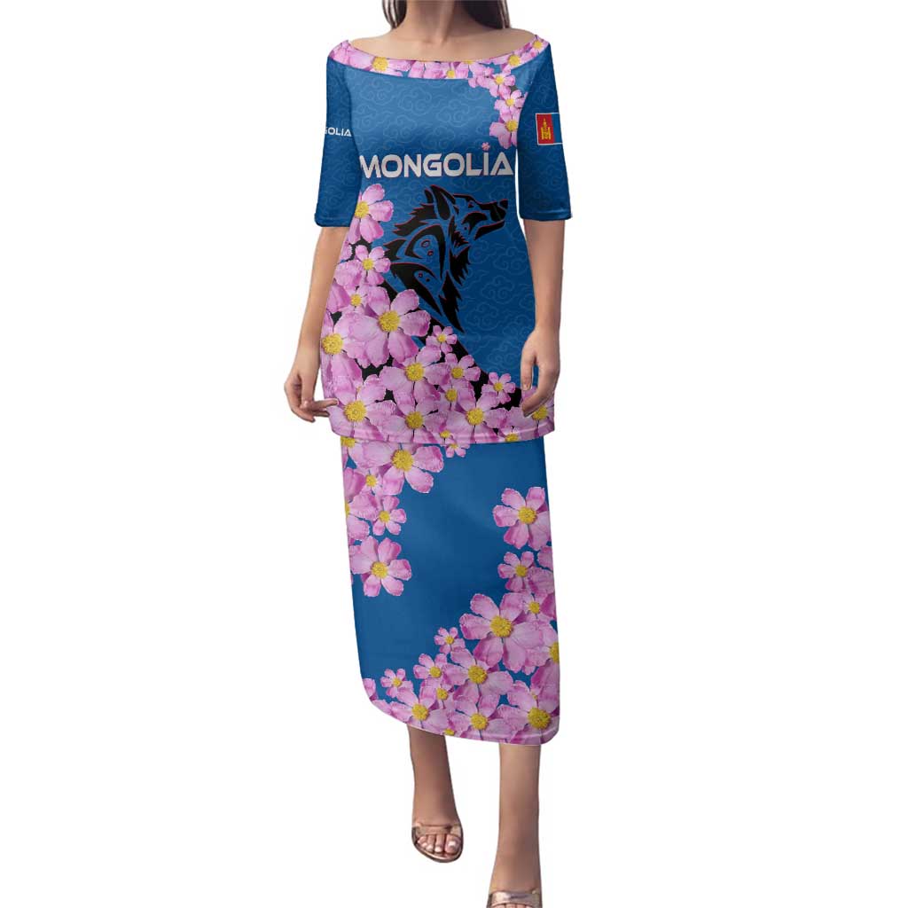 Mongolia Family Matching Puletasi and Hawaiian Shirt with Floral Wolf Pink Blossom Blue Sky Spirit