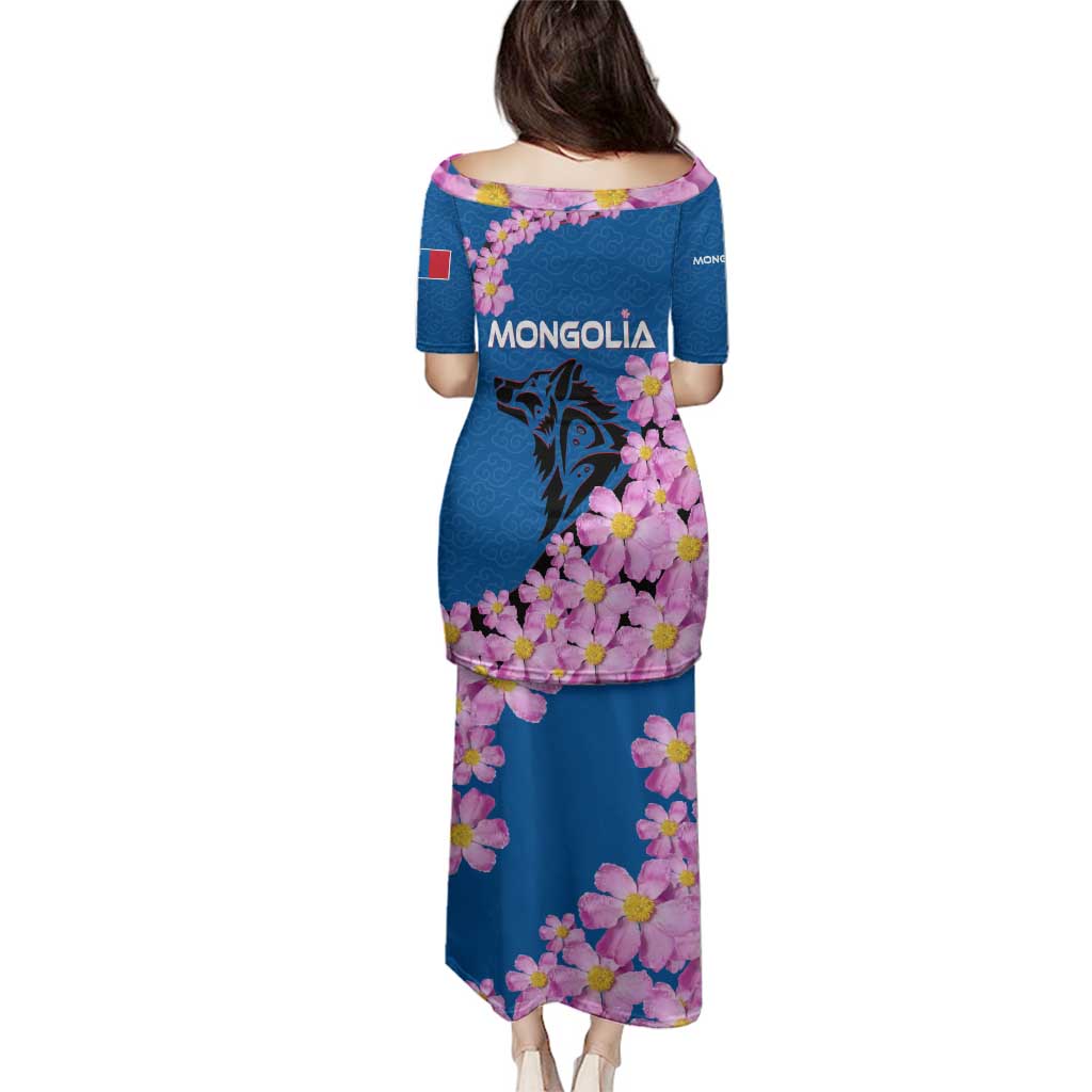 Mongolia Family Matching Puletasi and Hawaiian Shirt with Floral Wolf Pink Blossom Blue Sky Spirit