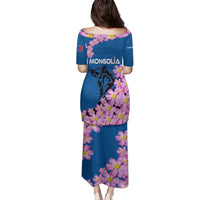 Mongolia Family Matching Puletasi and Hawaiian Shirt with Floral Wolf Pink Blossom Blue Sky Spirit