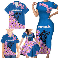 Mongolia Family Matching Short Sleeve Bodycon Dress and Hawaiian Shirt with Floral Wolf Pink Blossom Blue Sky Spirit