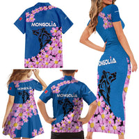 Mongolia Family Matching Short Sleeve Bodycon Dress and Hawaiian Shirt with Floral Wolf Pink Blossom Blue Sky Spirit