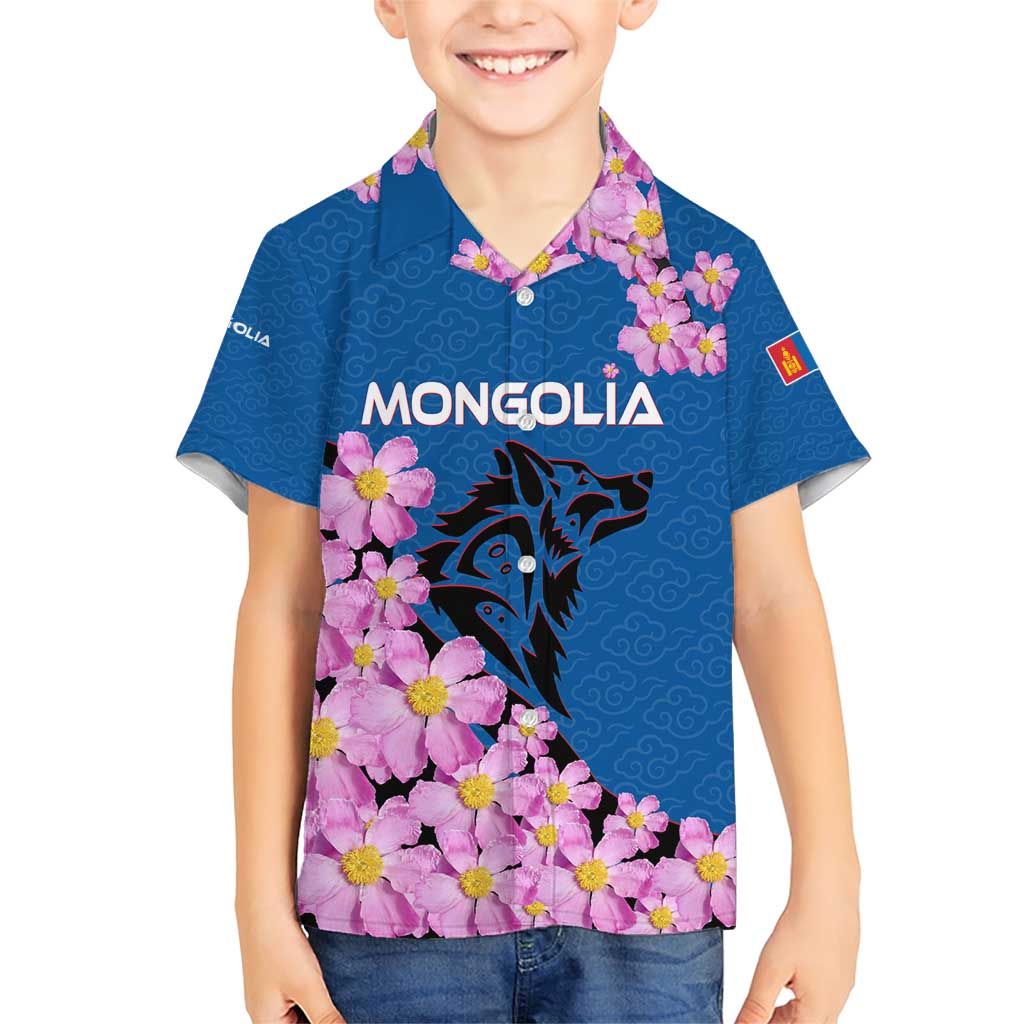 Mongolia Family Matching Short Sleeve Bodycon Dress and Hawaiian Shirt with Floral Wolf Pink Blossom Blue Sky Spirit