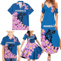 Mongolia Family Matching Summer Maxi Dress and Hawaiian Shirt with Floral Wolf Pink Blossom Blue Sky Spirit