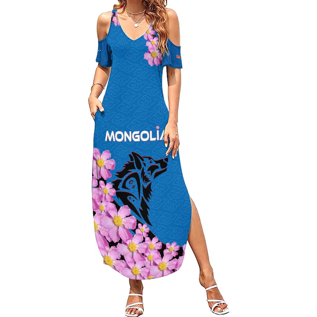 Mongolia Family Matching Summer Maxi Dress and Hawaiian Shirt with Floral Wolf Pink Blossom Blue Sky Spirit