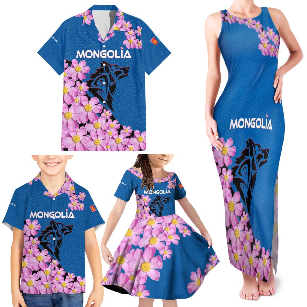 Mongolia Family Matching Tank Maxi Dress and Hawaiian Shirt with Floral Wolf Pink Blossom Blue Sky Spirit