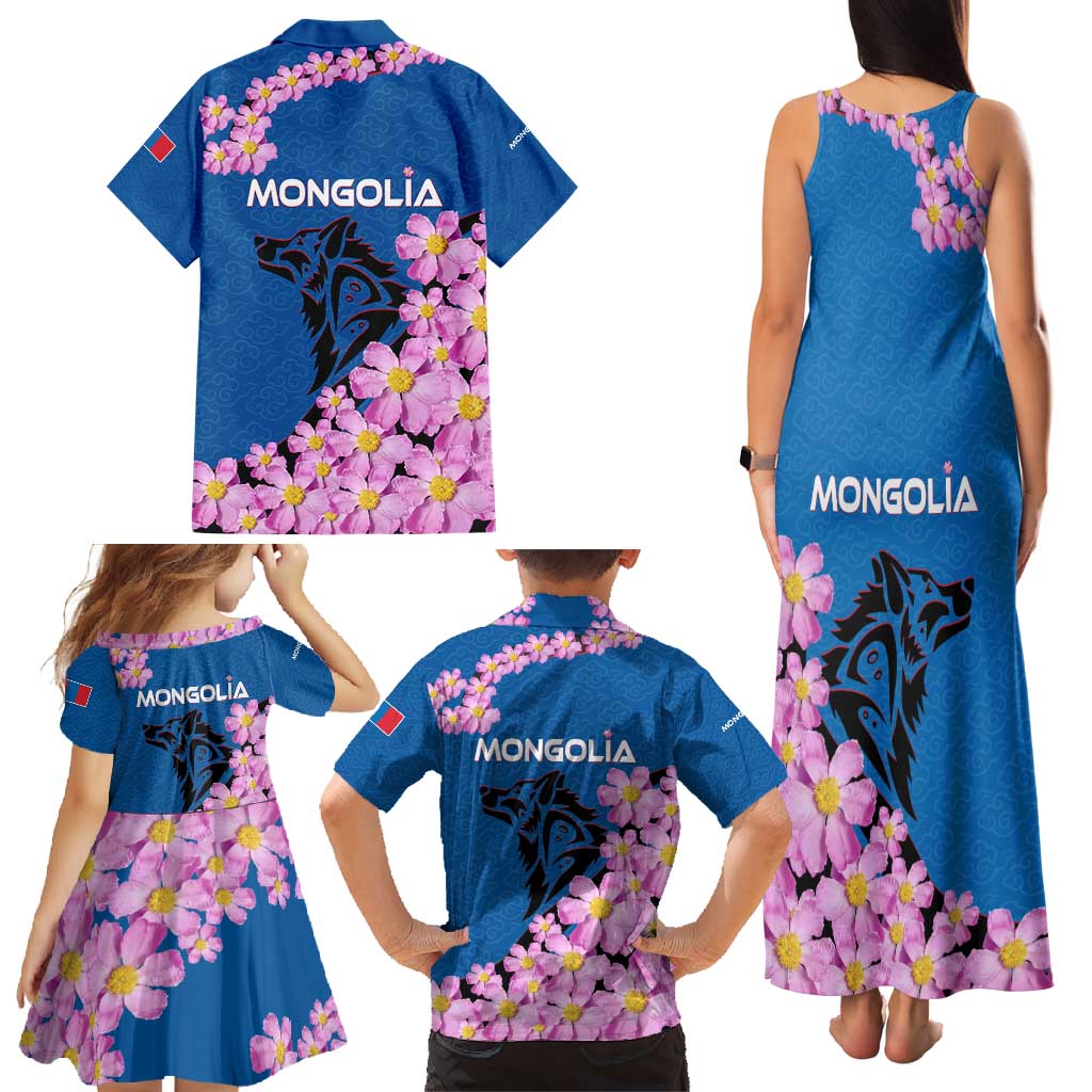 Mongolia Family Matching Tank Maxi Dress and Hawaiian Shirt with Floral Wolf Pink Blossom Blue Sky Spirit