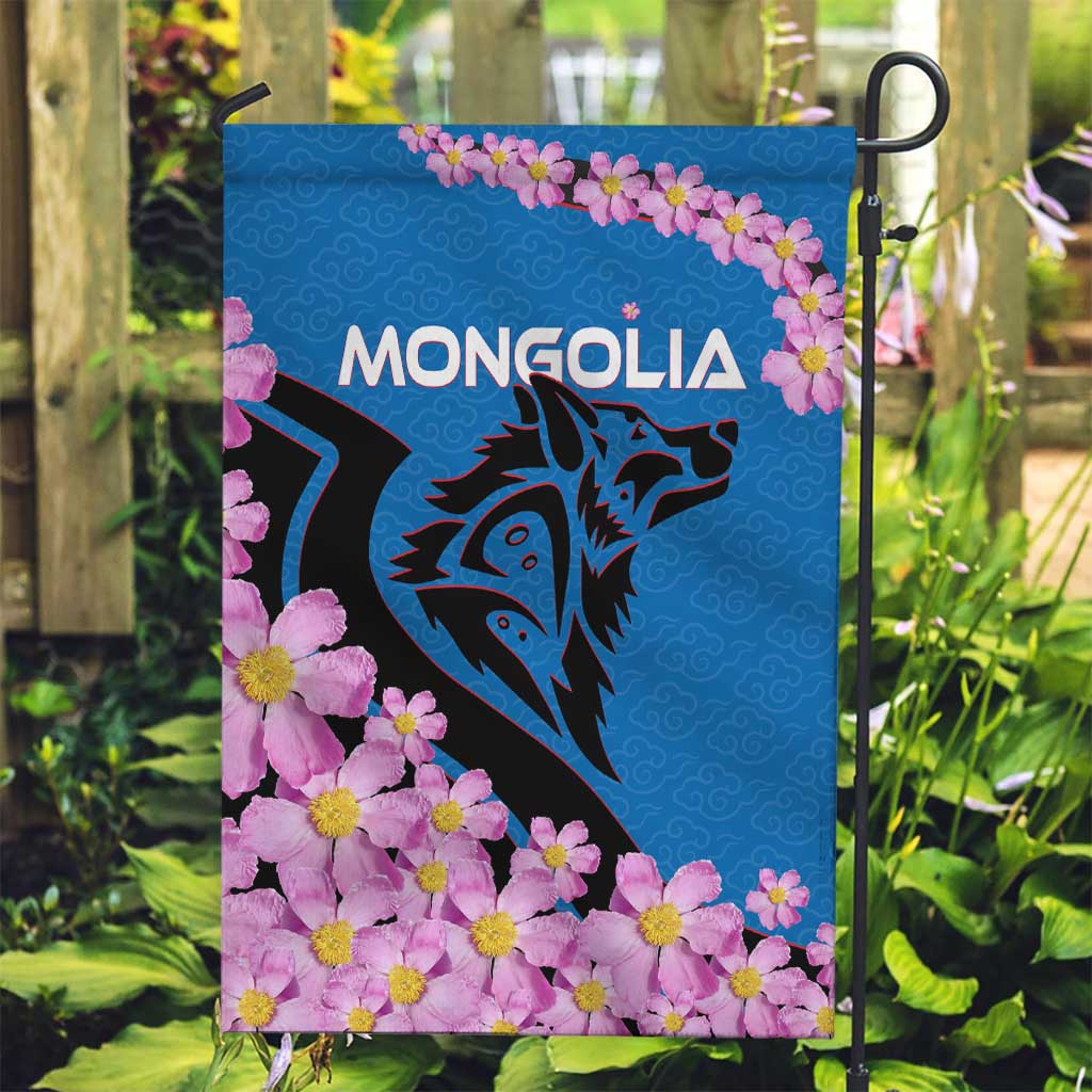 Mongolia Garden Flag with Floral Wolf Pink Blossom Blue Sky Spirit