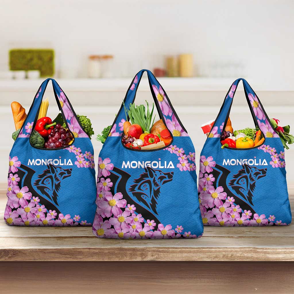 Mongolia Grocery Bag with Floral Wolf Pink Blossom Blue Sky Spirit